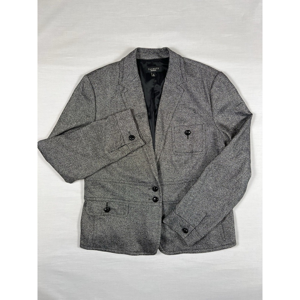 Talbots Blazer Women 16 Gray Wool Silk Blend Tweed Two Button Academia Jacket - Picture 2 of 16